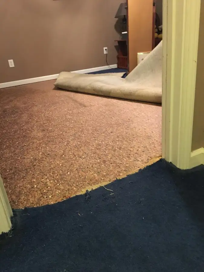 Carpet pad removal revealing water damage during Water Mitigation Services in St. Joseph